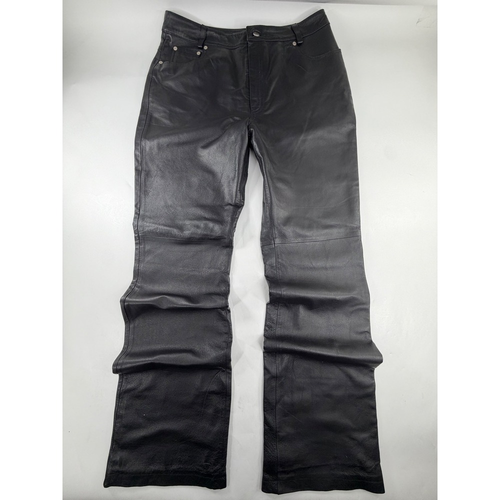 Jeanology Collection Womens Black Genuine Leather Straight Leg Pants Size 14T